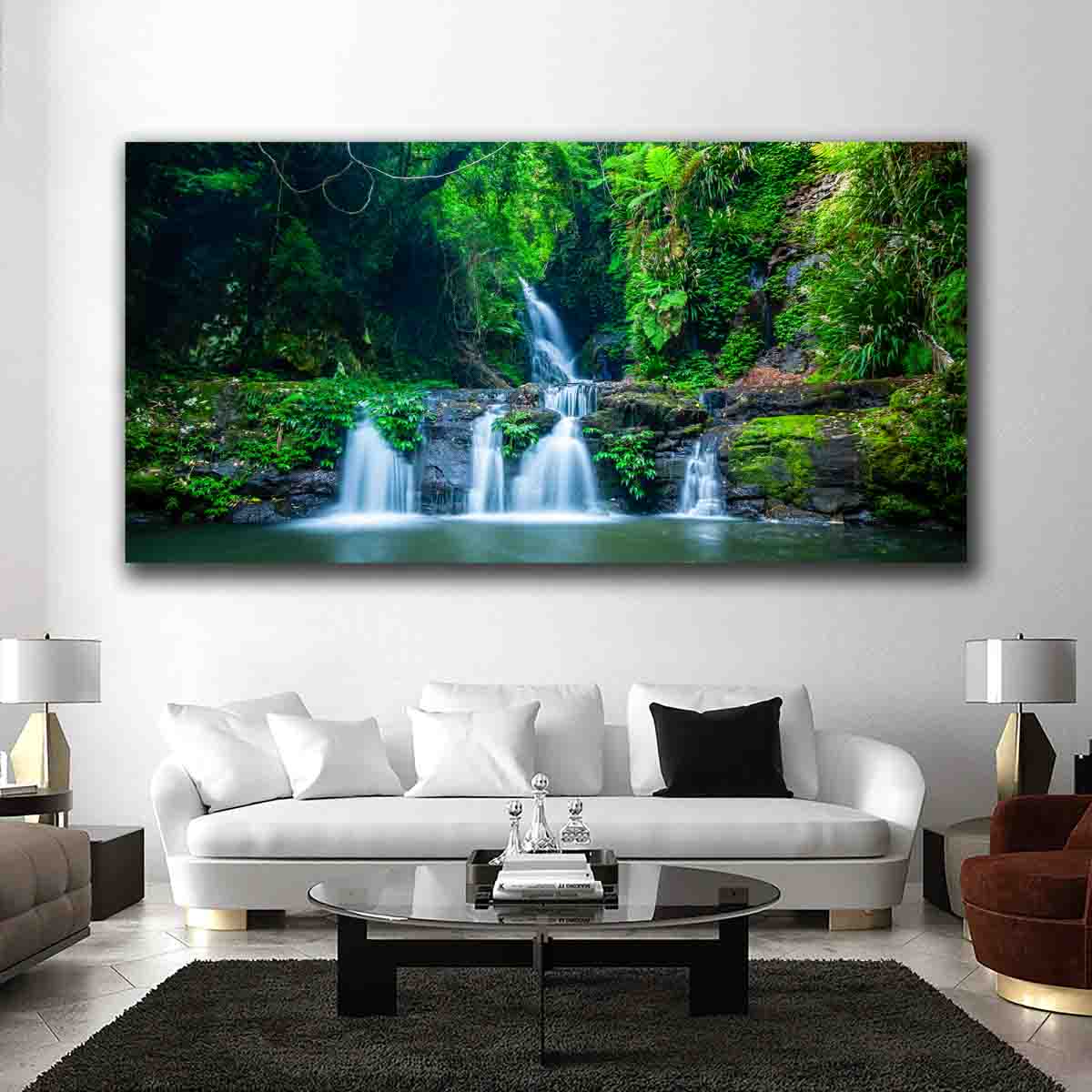 Rainforest waterfall cascading over mossy rocks at Elabana Falls, Lamington National Park wall art canvas in modern living room.