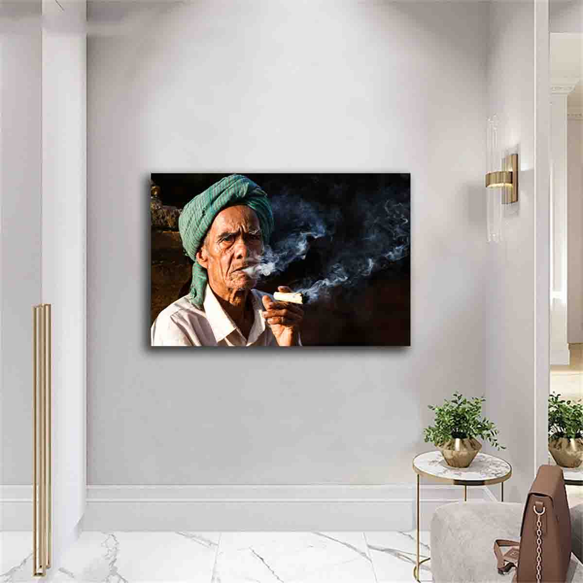 Bagan portrait photography print of a man outside a temple, displayed in a minimalist cultural interior.