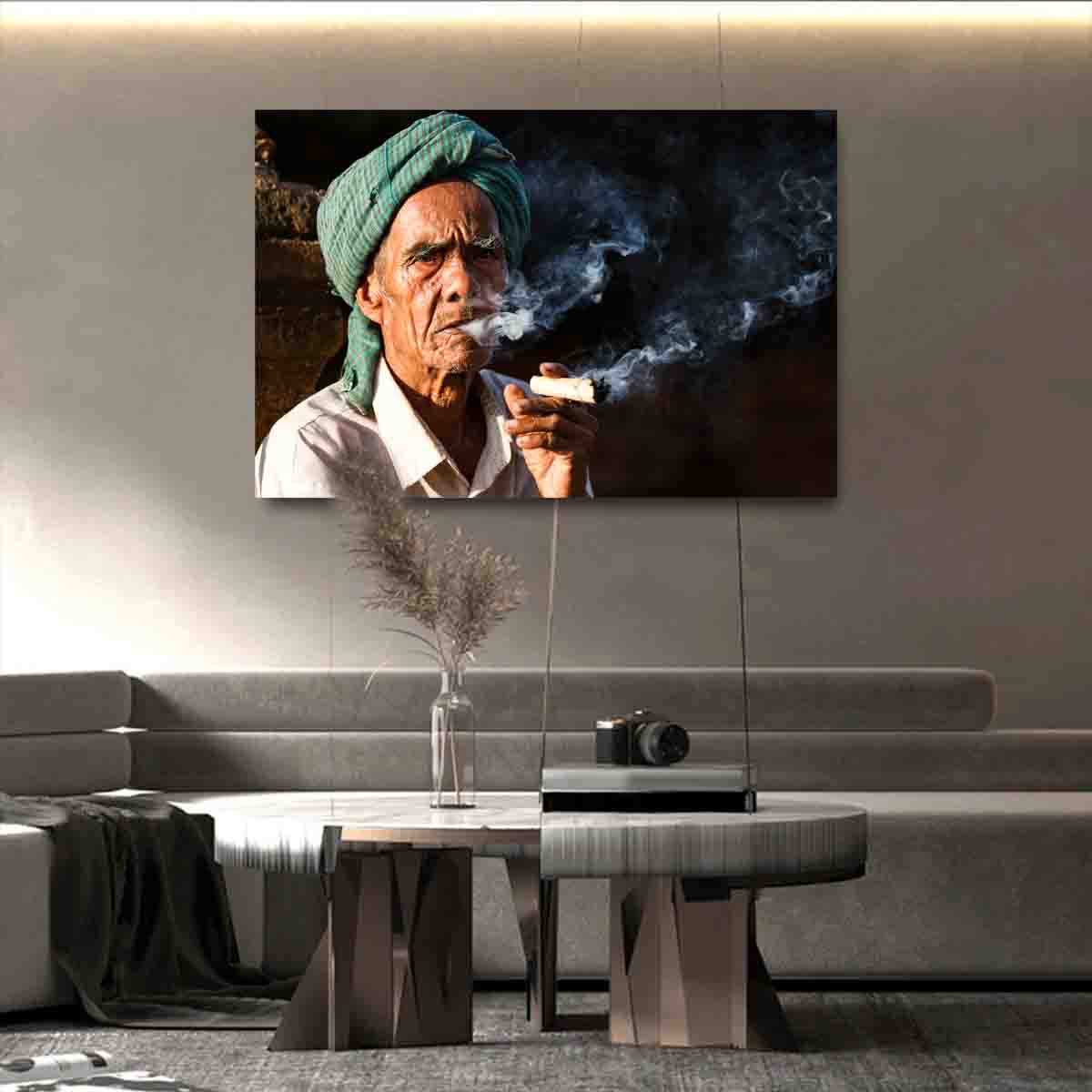 Bagan portrait photography print of a man outside a temple, displayed in a minimalist cultural interior.