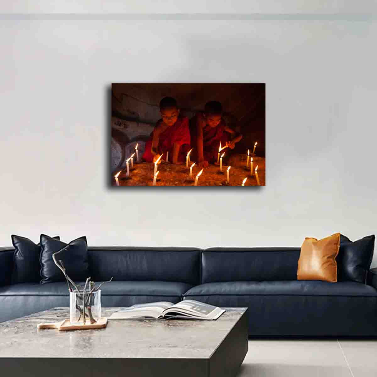 Bagan temple photography print with monks and candlelight, displayed in a calm, sacred-inspired interior.