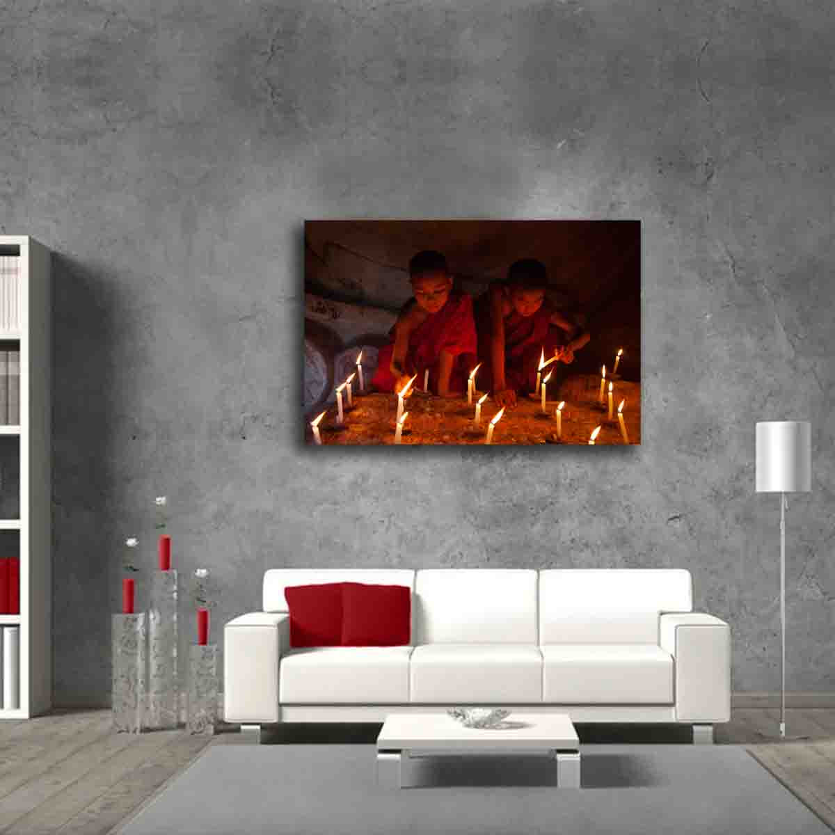 Bagan temple photography print with monks and candlelight, displayed in a calm, sacred-inspired interior.