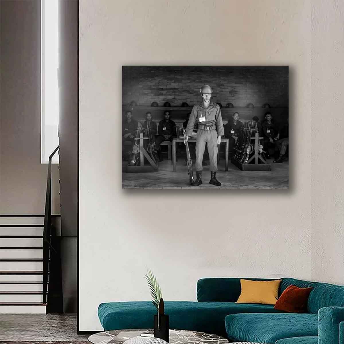 Bangkok palace security photography print displayed in a bold, clean-lined modern interior.