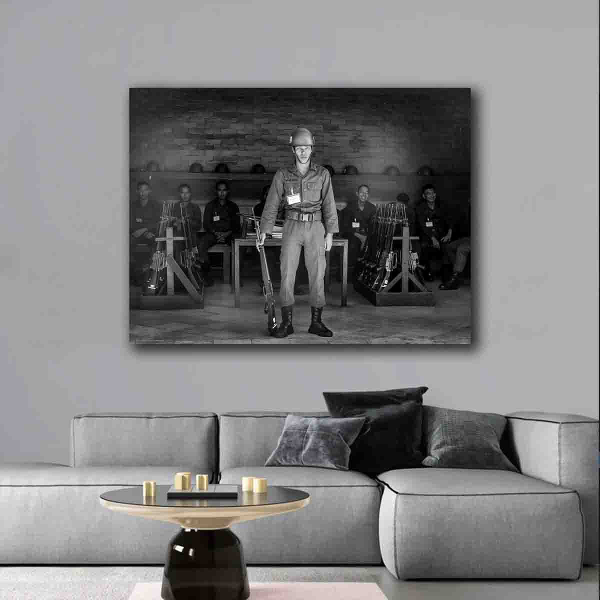 Bangkok palace security photography print displayed in a bold, clean-lined modern interior.