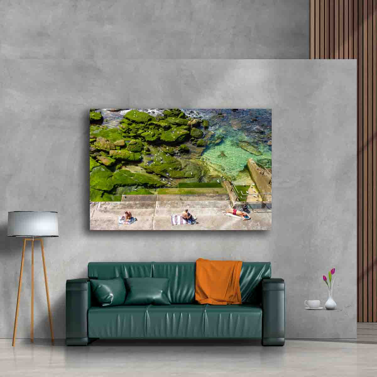 Bondi Beach photography print of sunbakers in the sun, displayed in a contemporary beach-style interior.