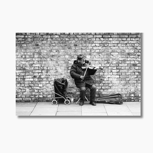 Elderly violinist busking on Brick Lane in London — limited edition fine art street photography print.
