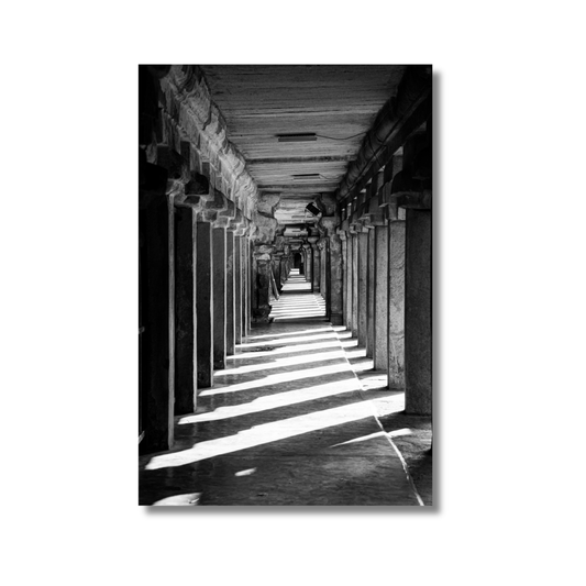 Stone corridor with beam columns at Brihadisvara Temple in India — limited edition fine art architectural wall print.
