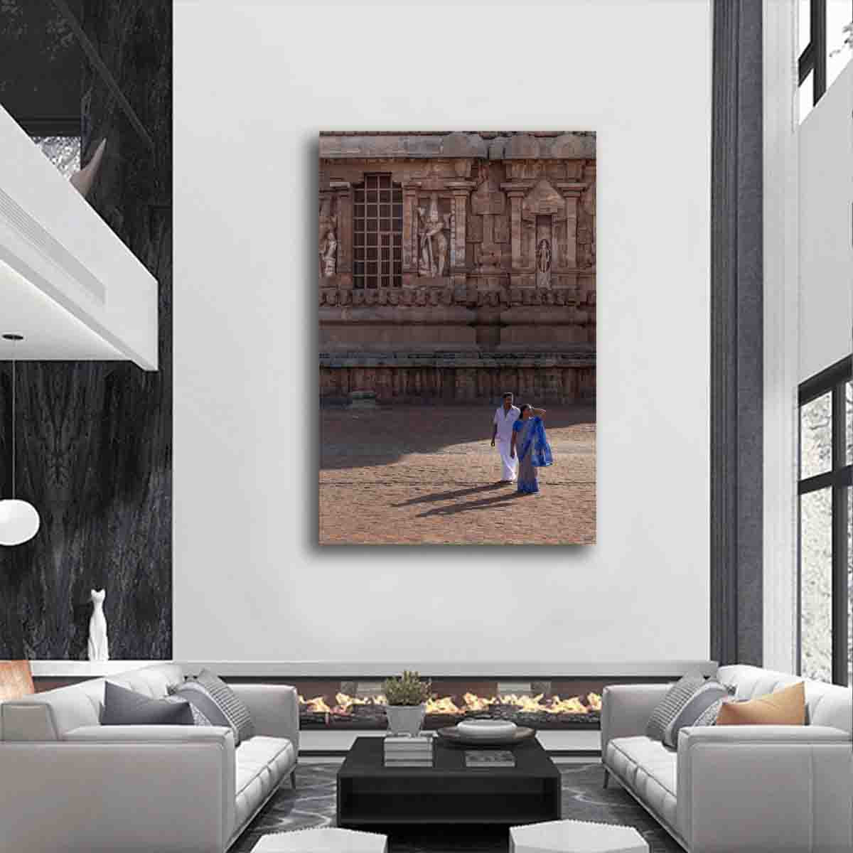 Photography print of a couple at Brihadisvara Temple displayed in a peaceful, romantic-inspired interior.
