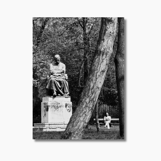 A person sitting on a bench near a statue in Budapest, Hungary — limited edition fine art photography wall print.