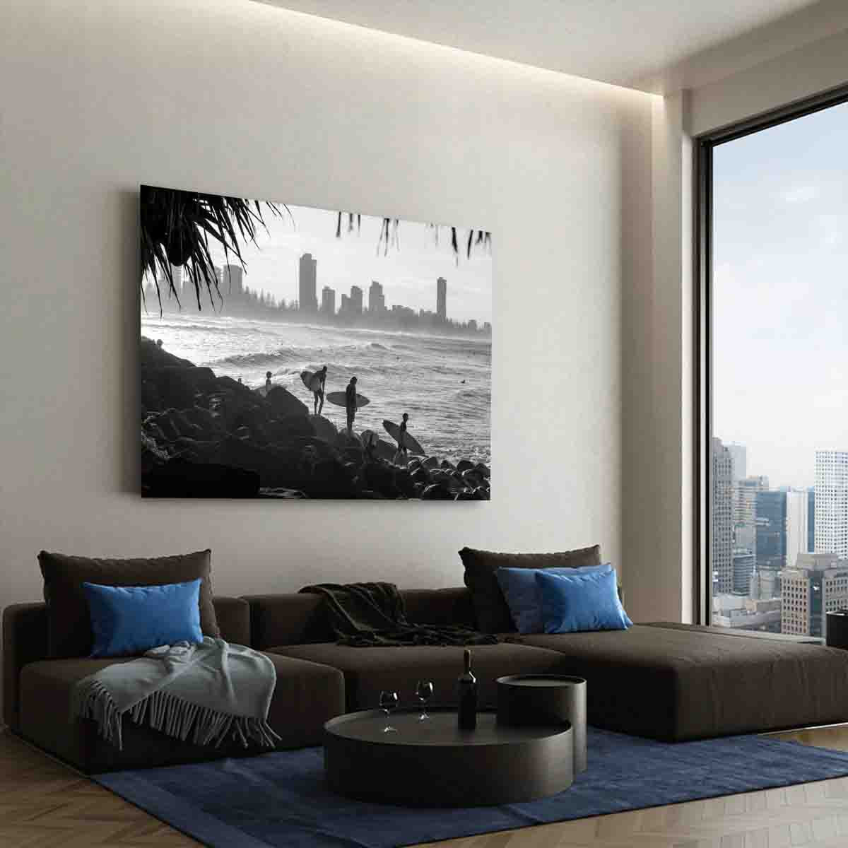 Burleigh Heads surf photography wall art featuring surfers preparing to enter the water, displayed in a modern coastal interior.