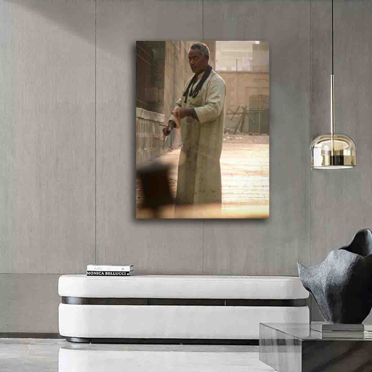 Egypt street photography print featuring a man flying a kite in Cairo, displayed in a serene interior setting.