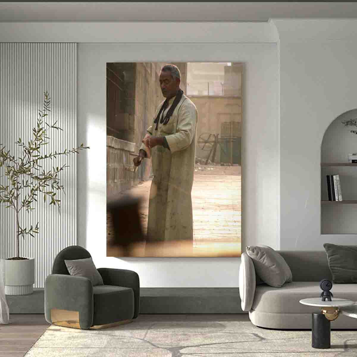 Egypt street photography print featuring a man flying a kite in Cairo, displayed in a serene interior setting.