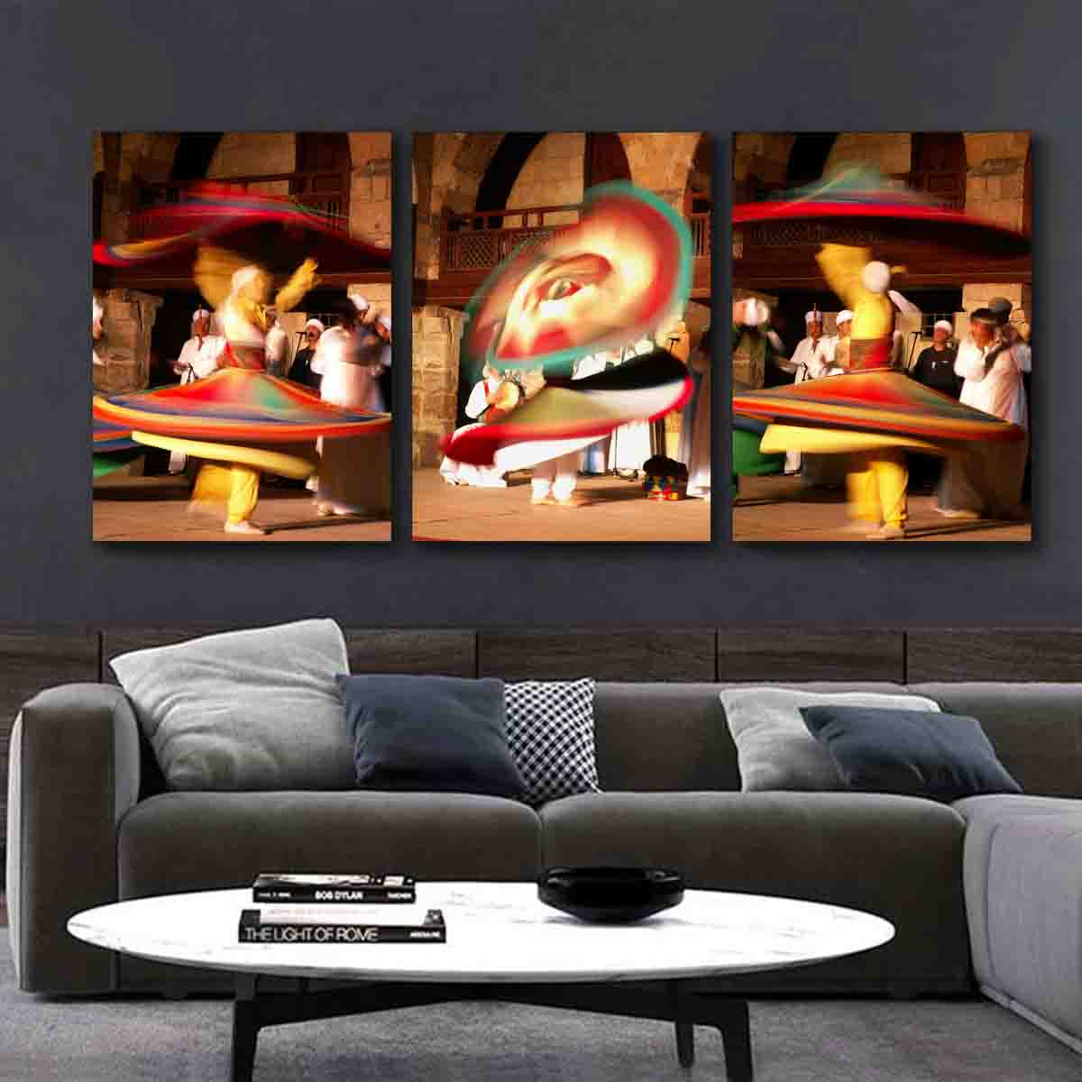 Cairo dance photography print of Tanoura performer, displayed in a vibrant and eclectic modern interior.