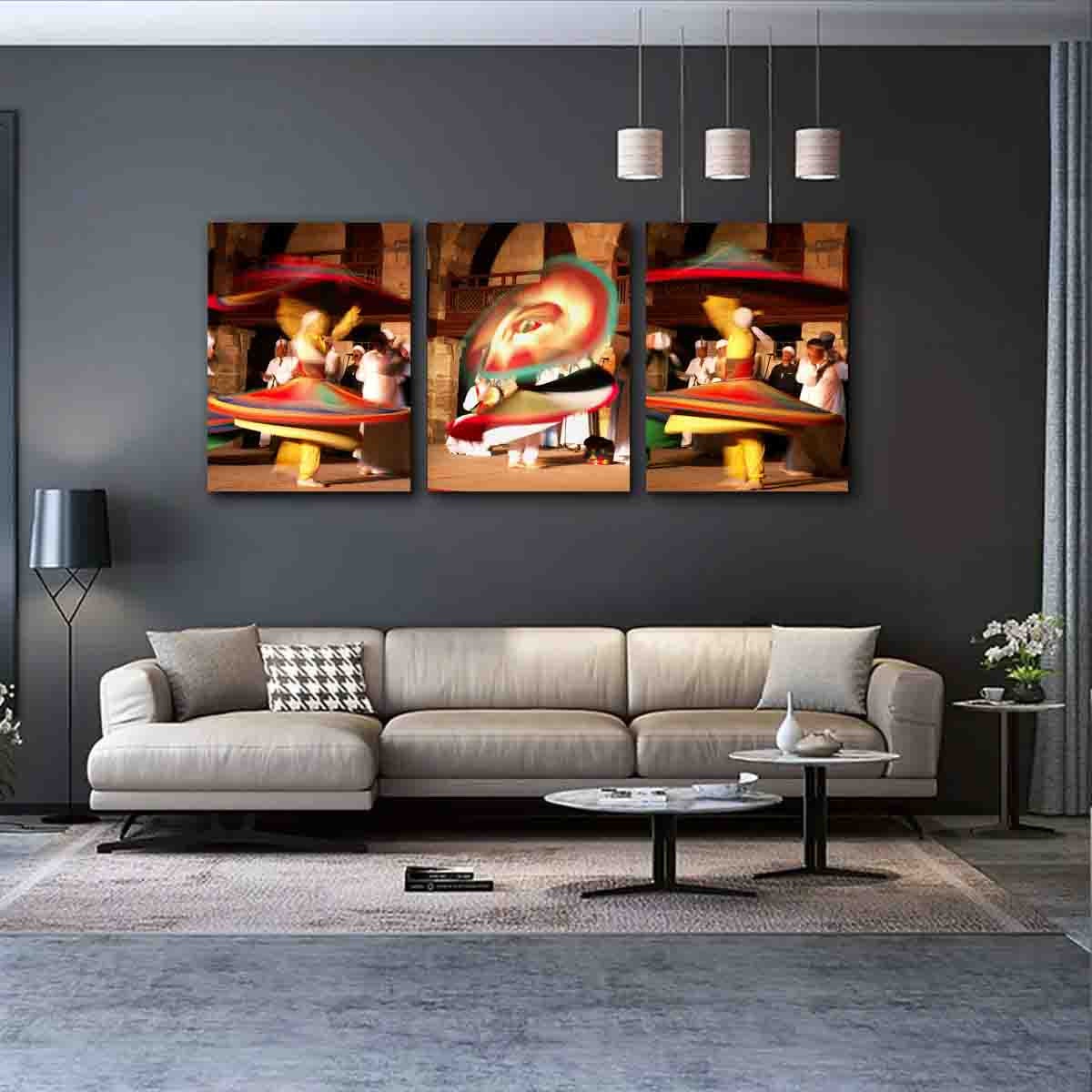 Cairo dance photography print of Tanoura performer, displayed in a vibrant and eclectic modern interior.