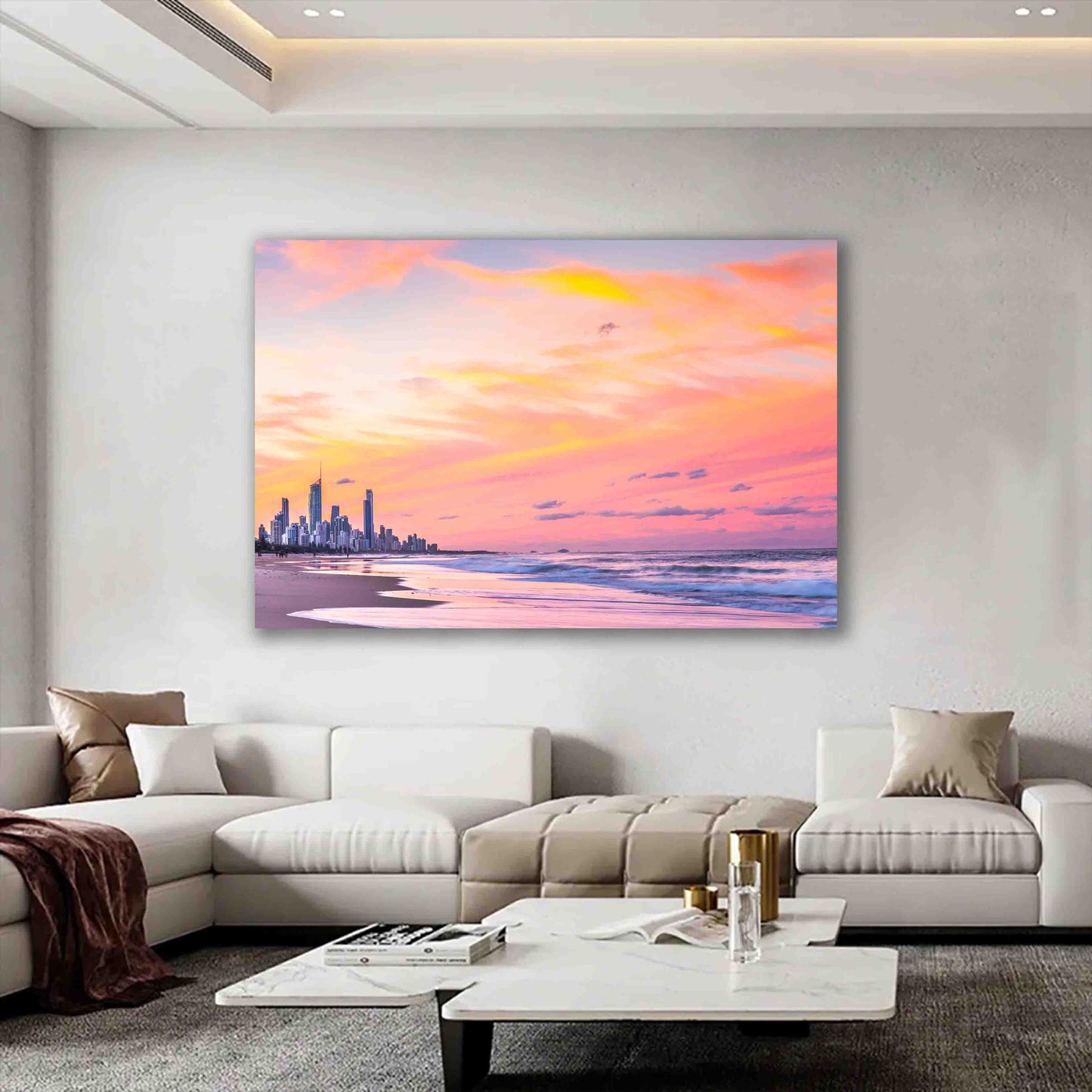 Limited edition Gold Coast coastal sunset wall art print displayed in a warm-toned modern interior with ocean-themed decor.