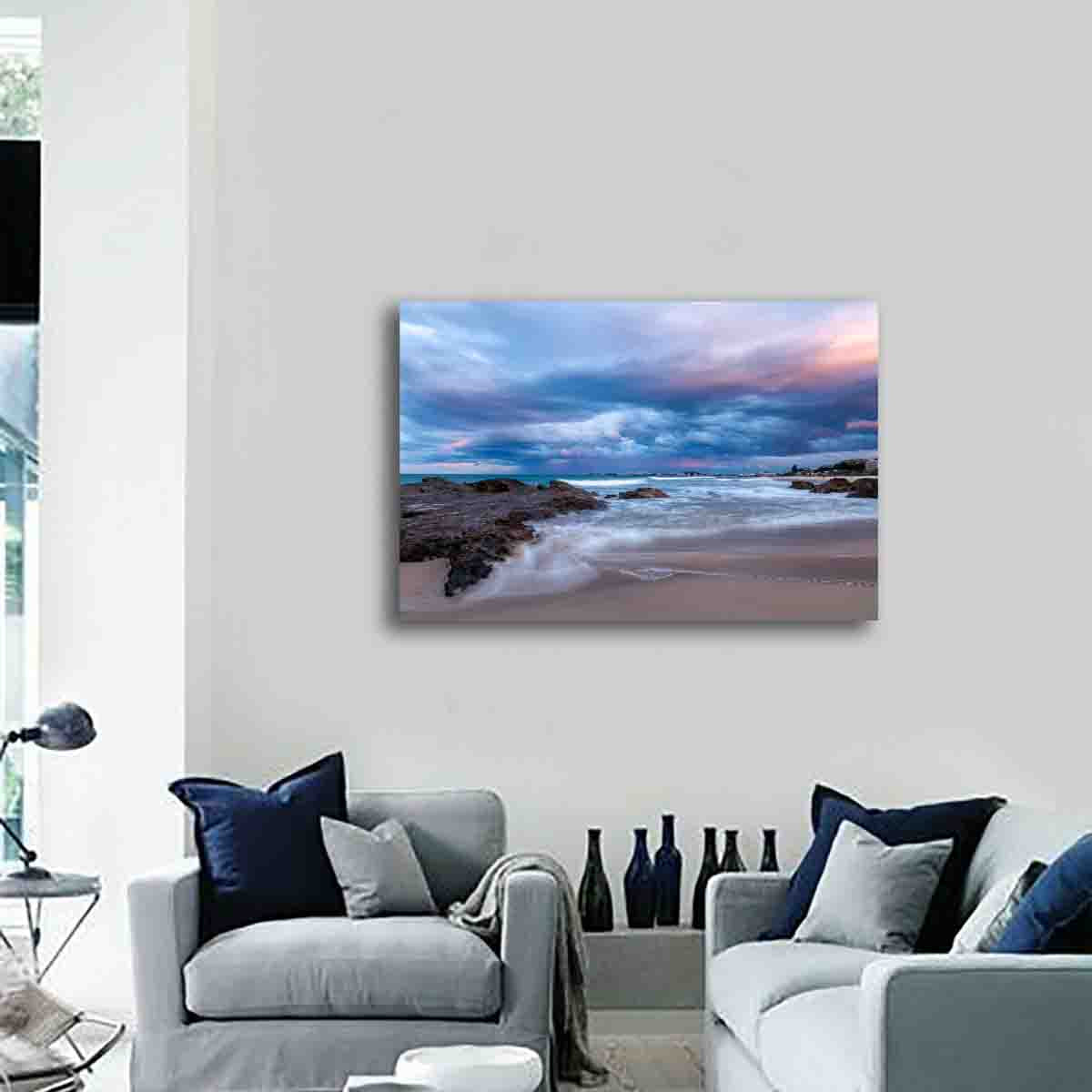 Storm’s Palette Gold Coast coastal wall art displayed in a contemporary living room with earthy, neutral decor.