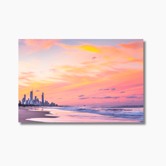 Dusk’s Palette — Gold Coast sunset photograph looking toward Surfers Paradise, featuring pastel skies and coastal silhouettes.