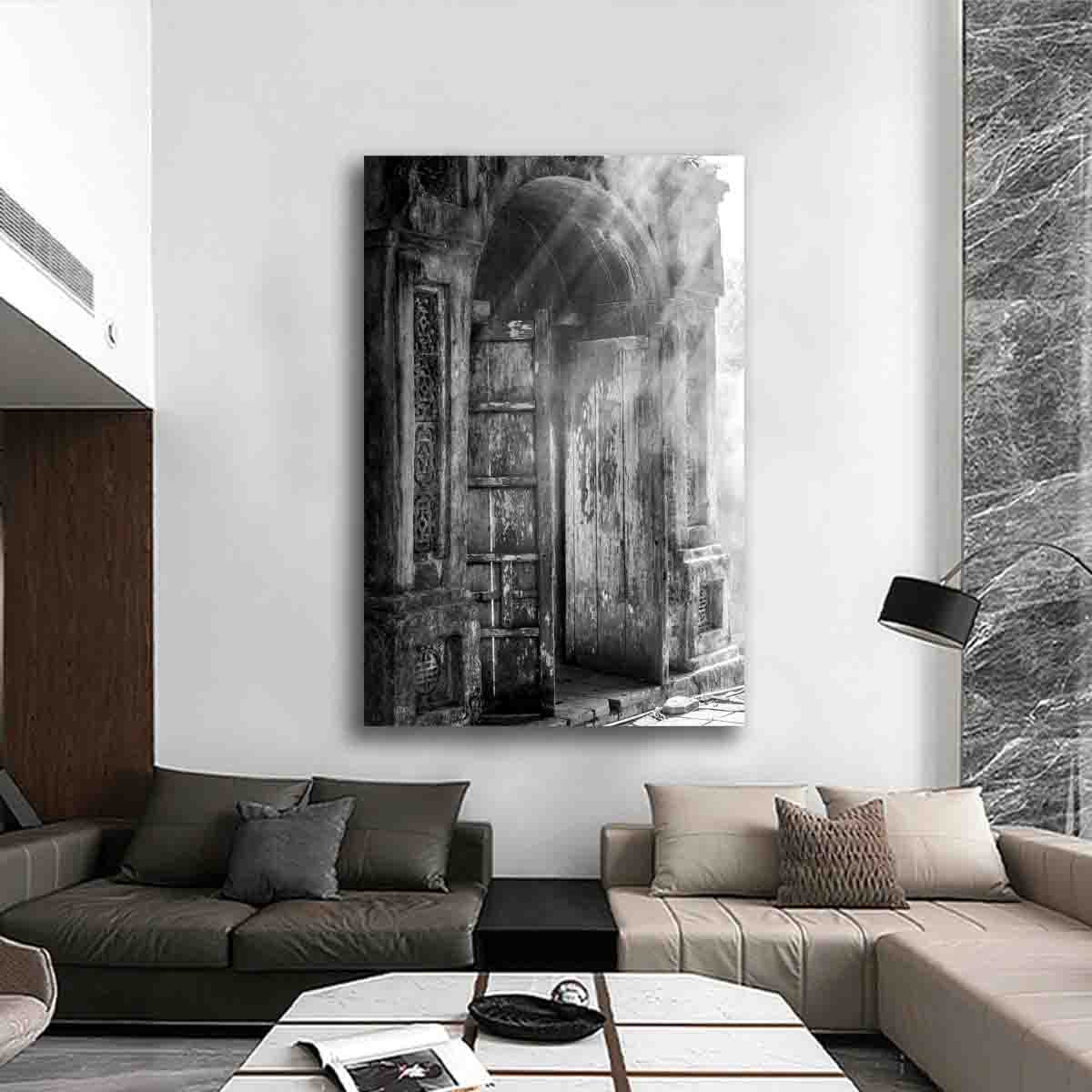 Hoi An doorway and light beam photography print displayed in a calm, minimalist interior.