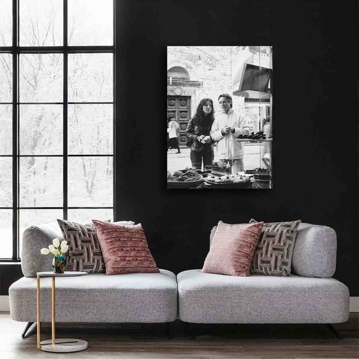 Italy street market photography print displayed in a rustic interior with European charm.