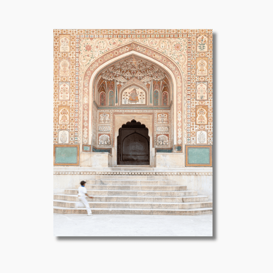 Boy running into a palace or temple in Jaipur, India — limited edition cultural photography fine art wall print.