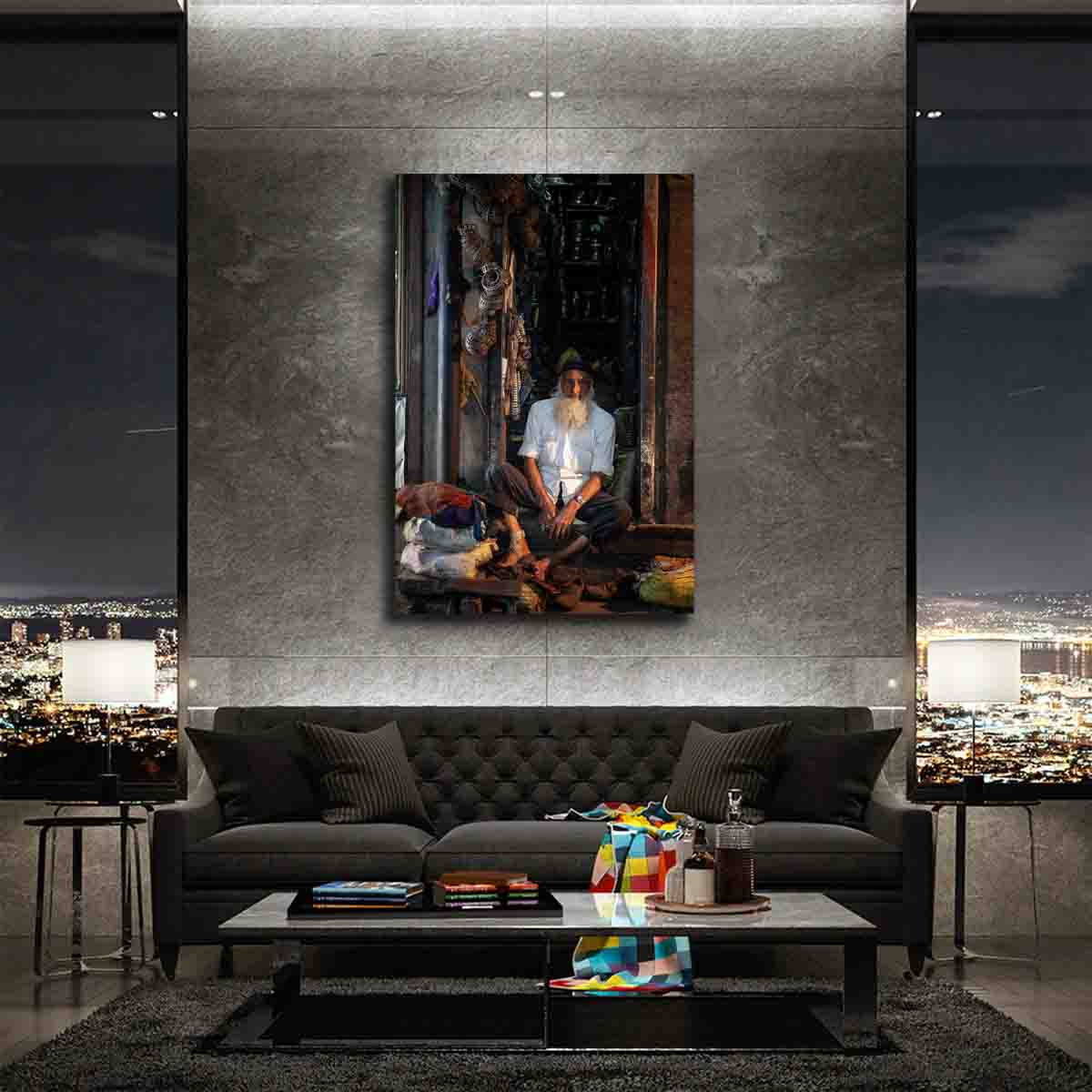 Silent Stories Indian street portrait displayed in a neutral-toned room with cultural and minimalist interior styling.