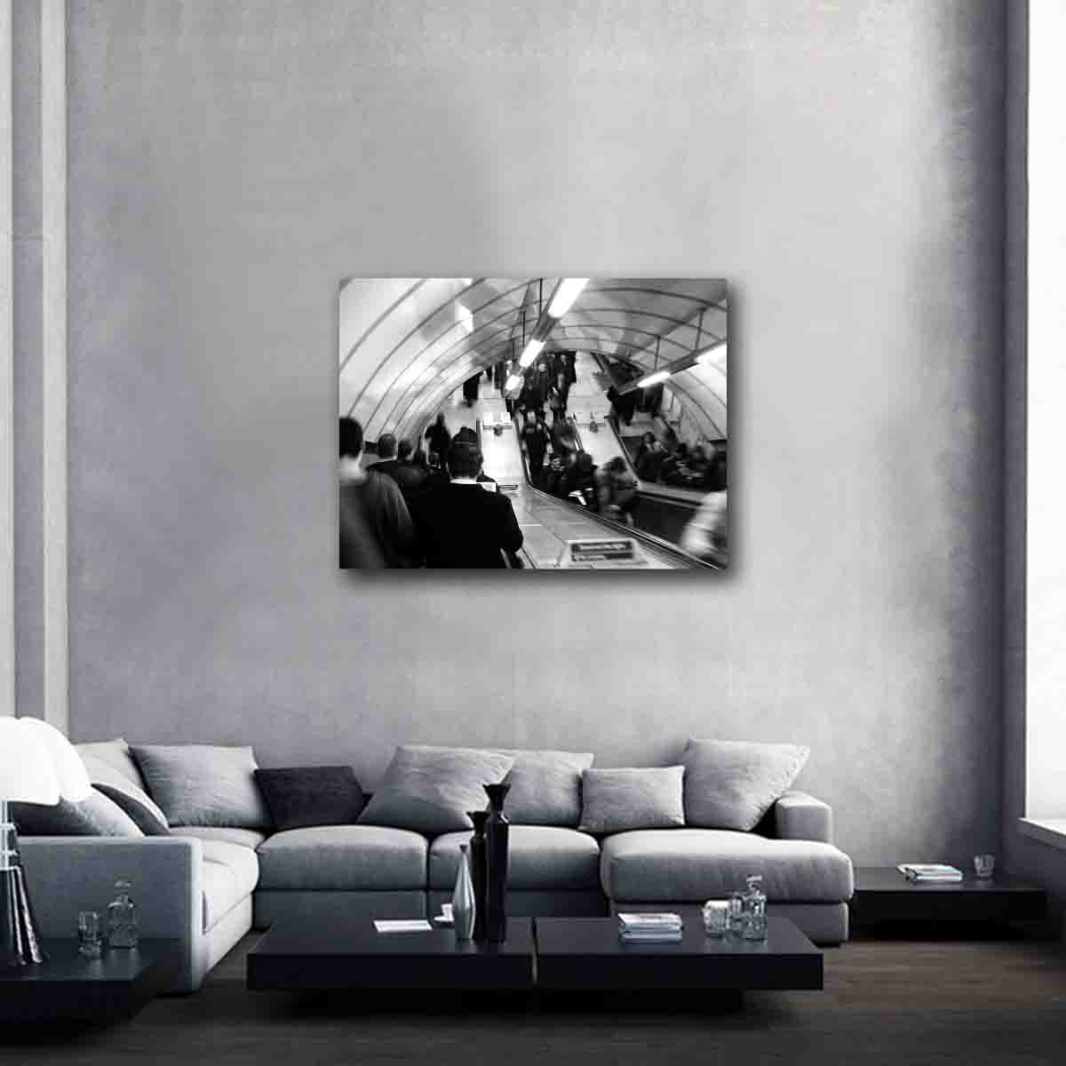 London rush hour street photography print displayed in a contemporary, urban interior as city-inspired wall decor.