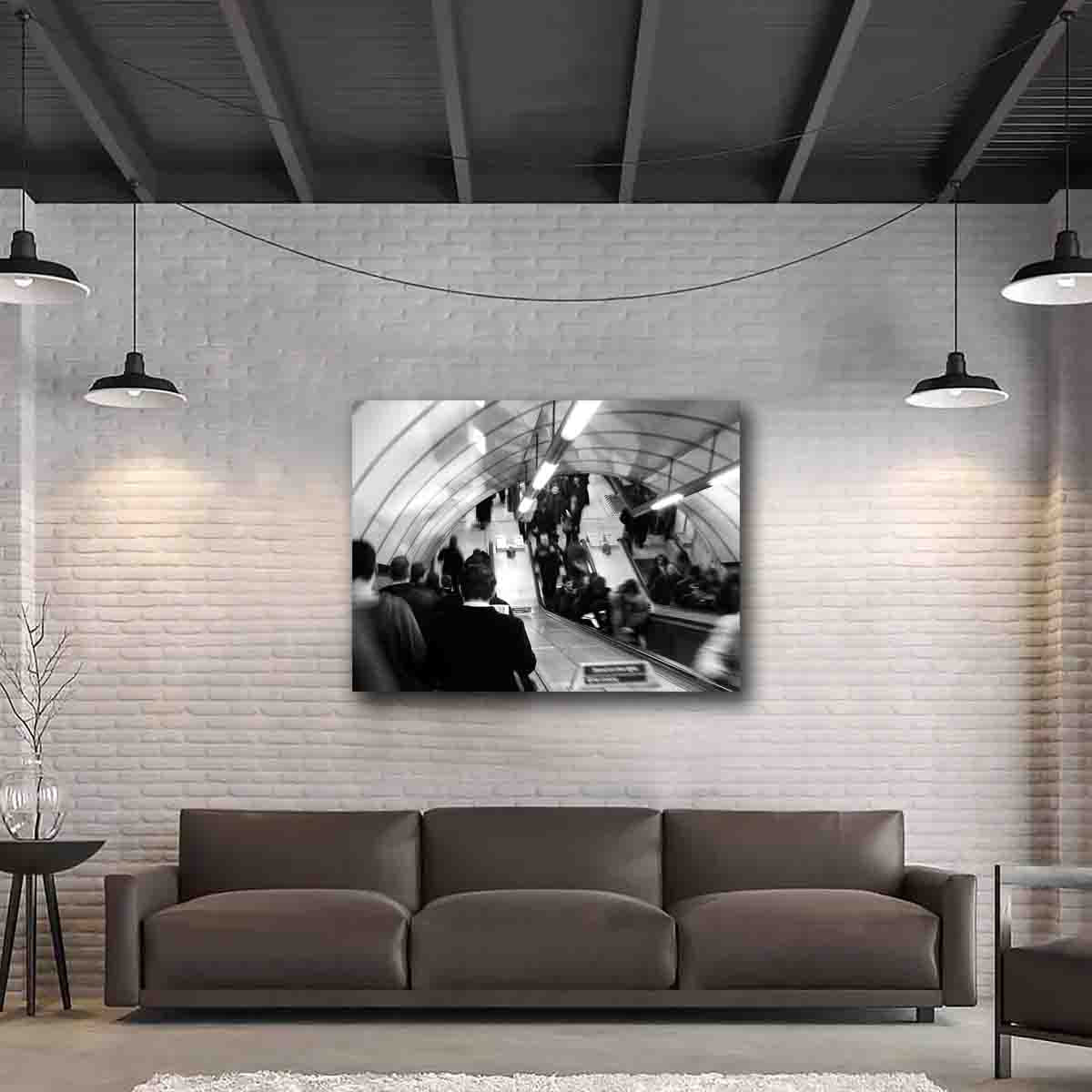 London rush hour street photography print displayed in a contemporary, urban interior as city-inspired wall decor.