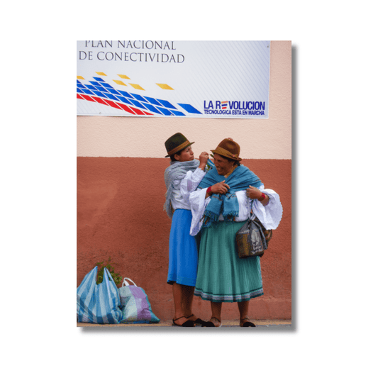 Two people embracing in traditional Ecuadorian clothing in Otavalo — limited edition cultural fine art wall print.