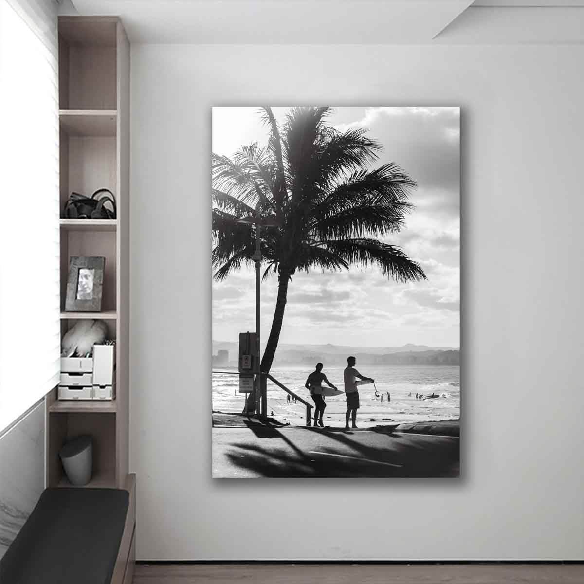 Surf culture photo print of two surfers at Snapper Rocks, displayed in a modern coastal-style home.