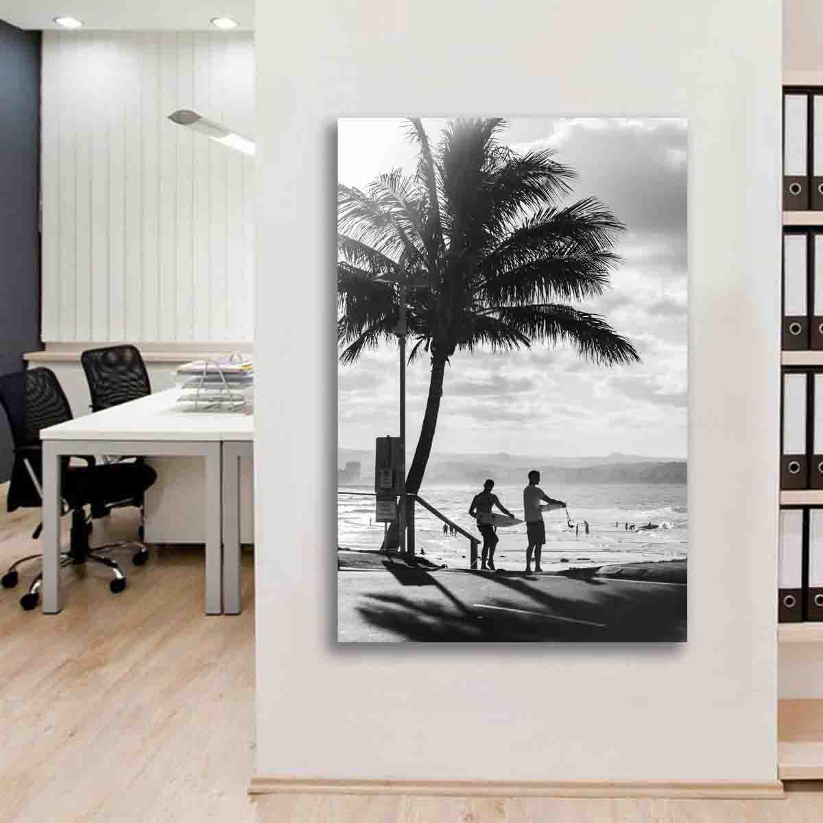 Surf culture photo print of two surfers at Snapper Rocks, displayed in a modern coastal-style home.