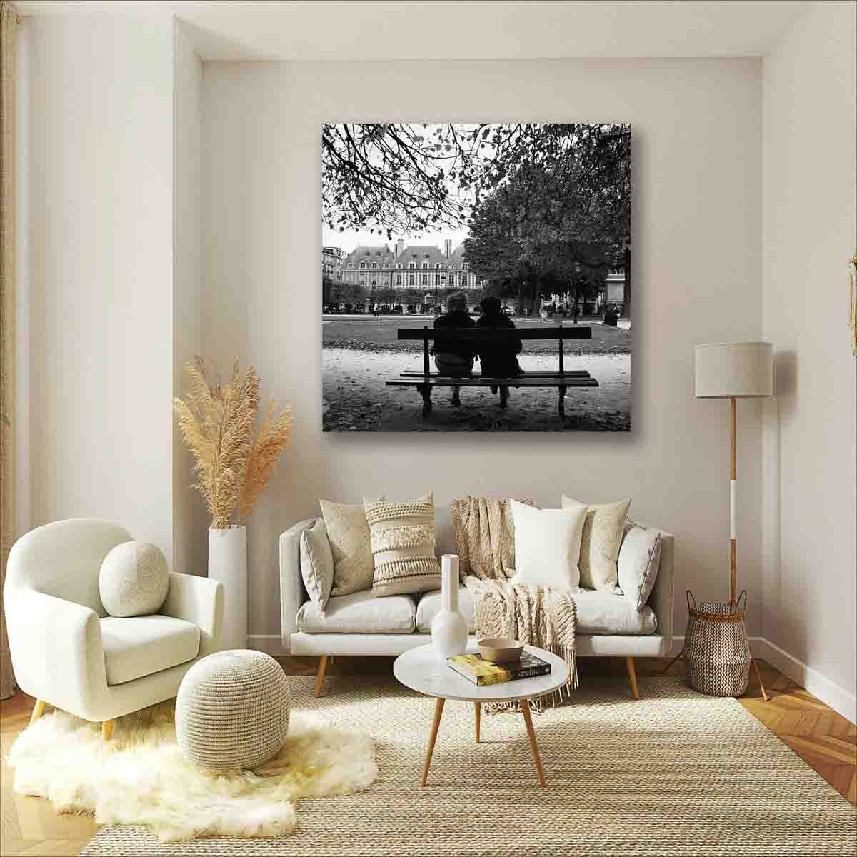 Notre Dame couple photography print displayed in a warm, elegant interior as Paris romantic wall art.