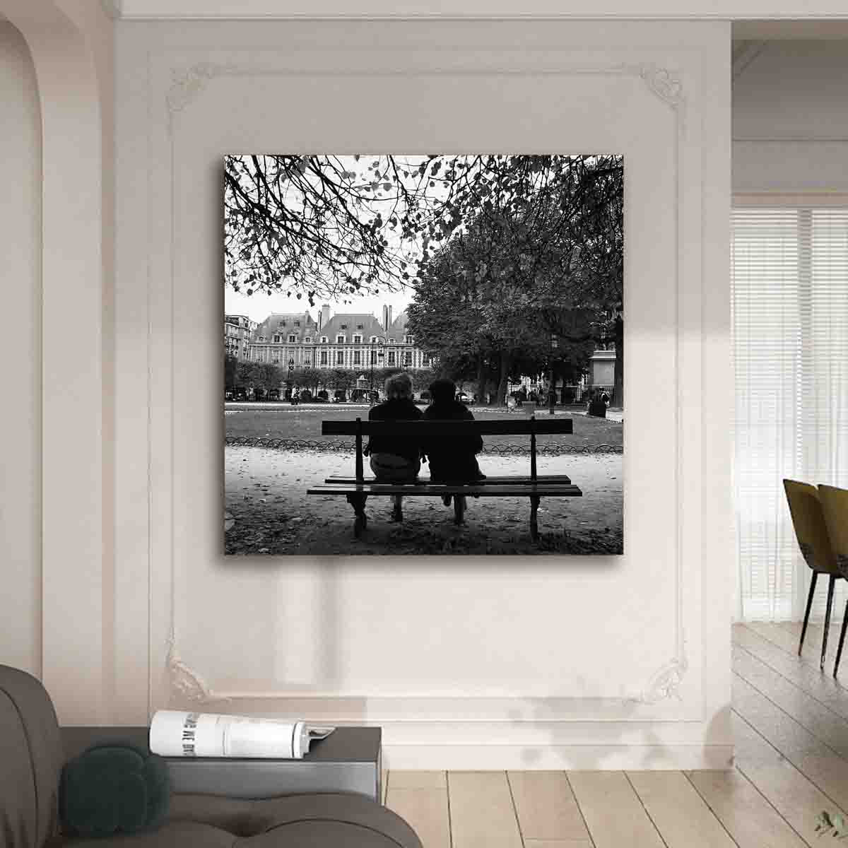 Notre Dame couple photography print displayed in a warm, elegant interior as Paris romantic wall art.