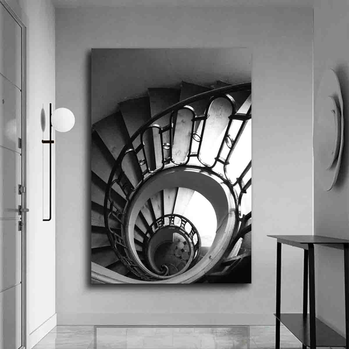 Paris spiral staircase photography print displayed in a minimalist, architectural-inspired interior.