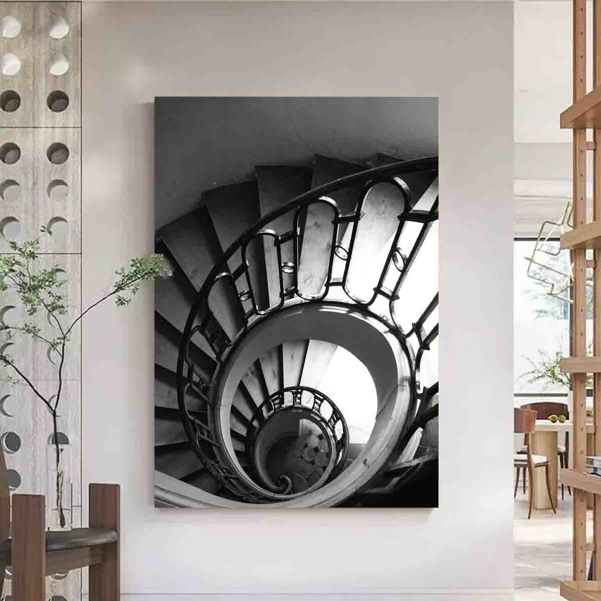 Paris spiral staircase photography print displayed in a minimalist, architectural-inspired interior.