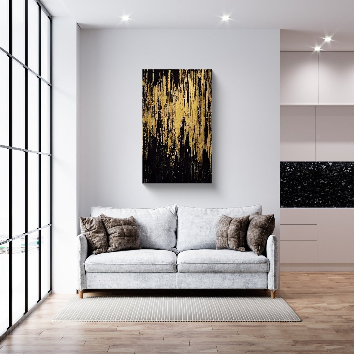 Raining Gold abstract wall art displayed in a modern, luxurious interior with warm metallic accents.