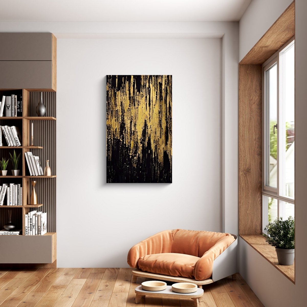 Raining Gold abstract wall art displayed in a modern, luxurious interior with warm metallic accents.