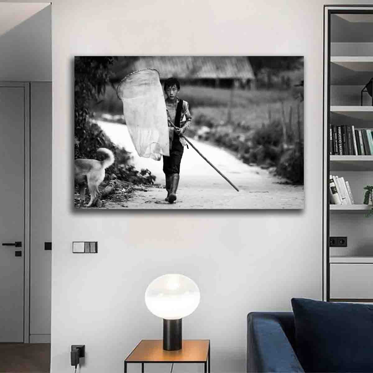 Sapa village lifestyle photography print displayed in a natural, earthy-toned interior as cultural wall art.