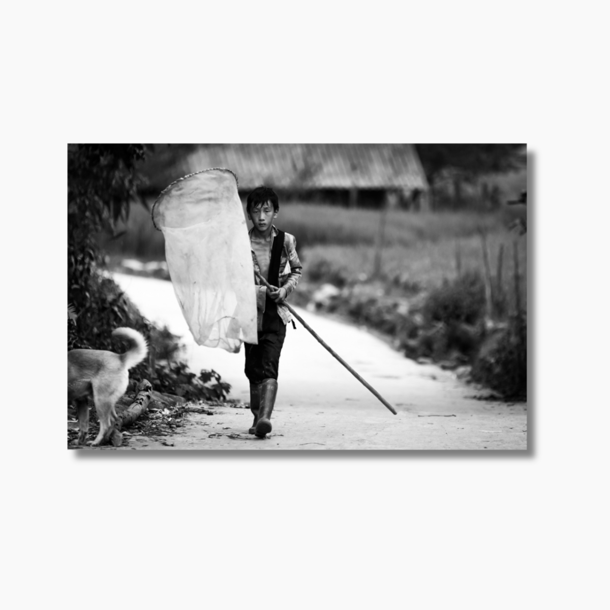 Young boy walking through a rural village in Sapa, Vietnam with a net — limited edition fine art wall photography print.