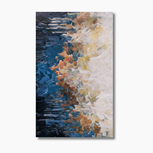 Limited edition abstract art print featuring soft blues and yellows, evoking the ocean's gentle rhythm.