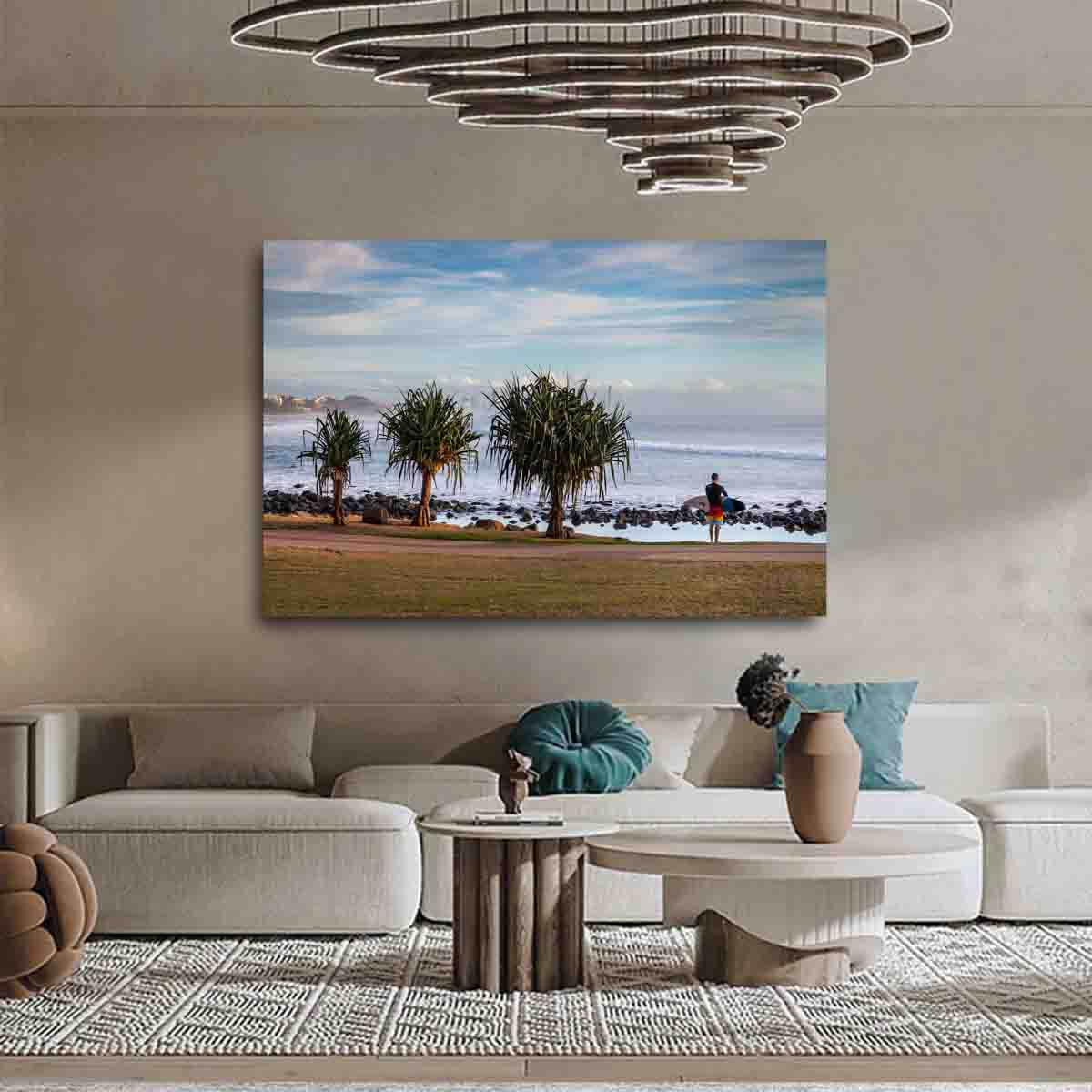 Burleigh Heads surf photography print featuring a surfer near trees at sunrise, displayed in a peaceful coastal interior.