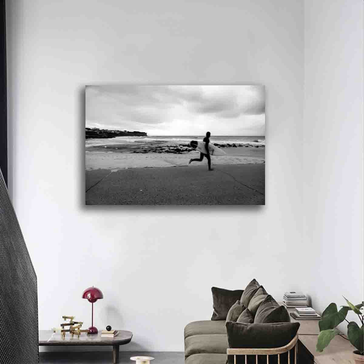 Bronte Beach sunrise surfer wall art print, displayed in a modern beach-inspired interior.