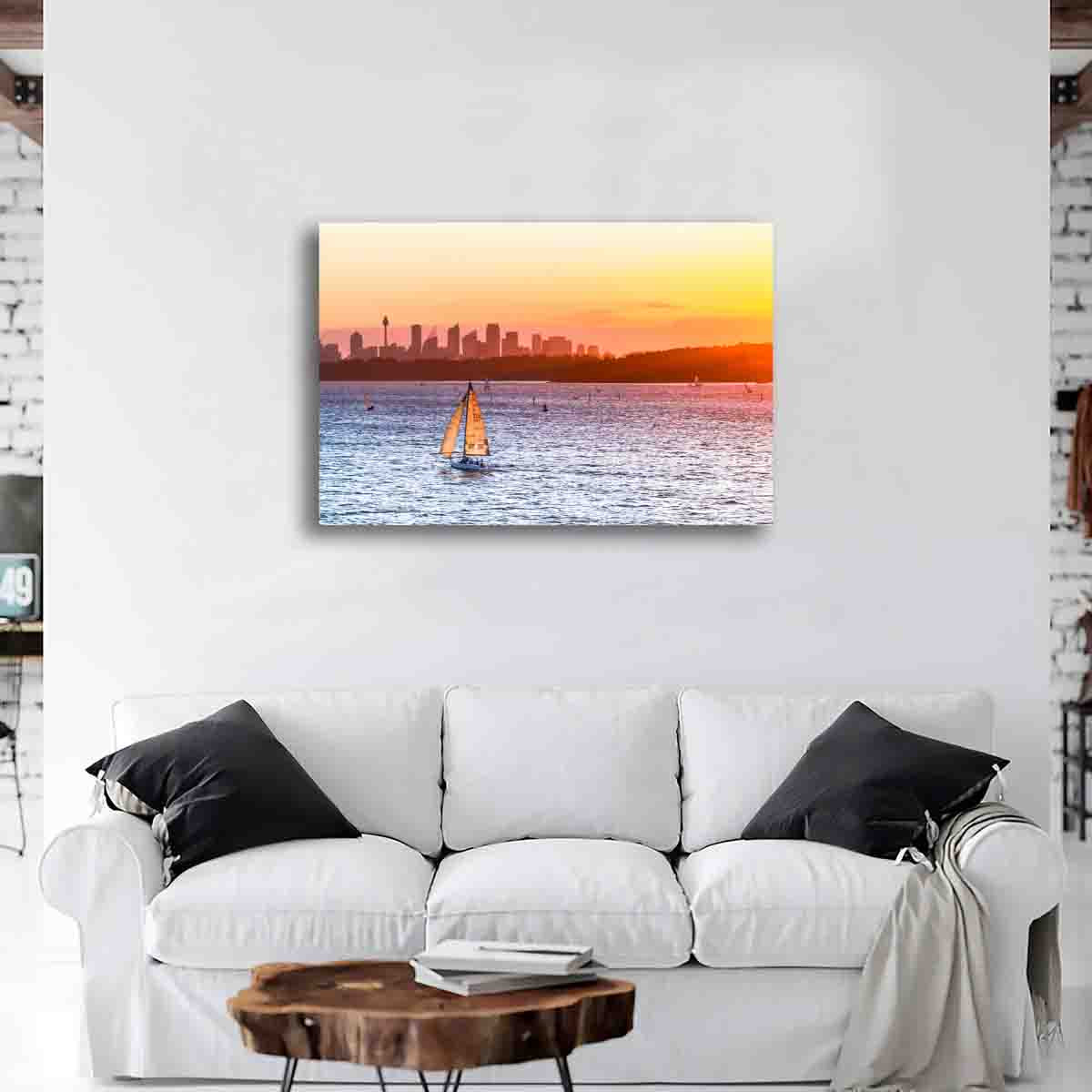 Harbour Hues fine art print of Sydney Harbour, displayed in a modern interior with coastal styling and natural light.