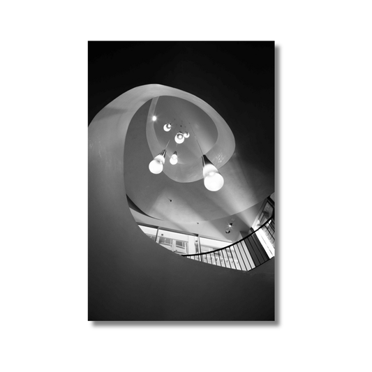 Architectural spiral staircase in Sydney with pendant designer lighting — limited edition fine art photography wall print.