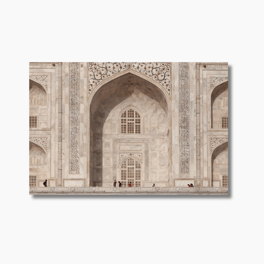 Taj Mahal at sunrise in Agra, India — fine art architectural photograph with symmetrical white marble dome. Limited edition wall print.