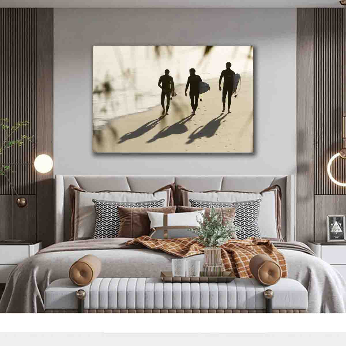 Snapper Rocks surf photography wall print featuring three silhouetted surfers, displayed in a relaxed coastal interior.