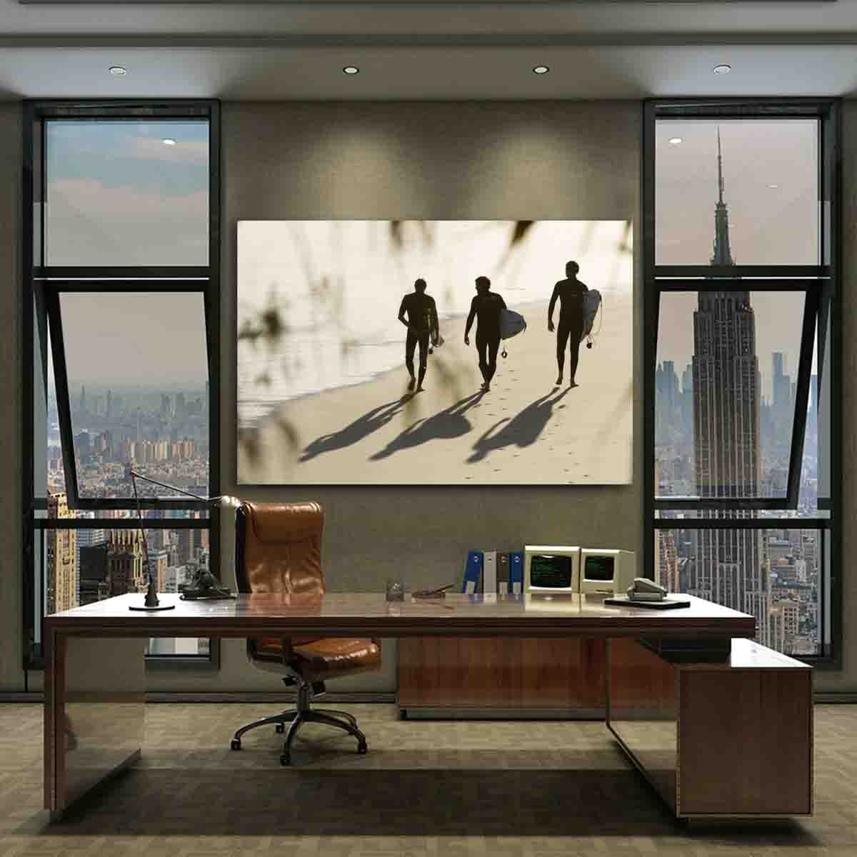 Snapper Rocks surf photography wall print featuring three silhouetted surfers, displayed in a relaxed coastal interior.