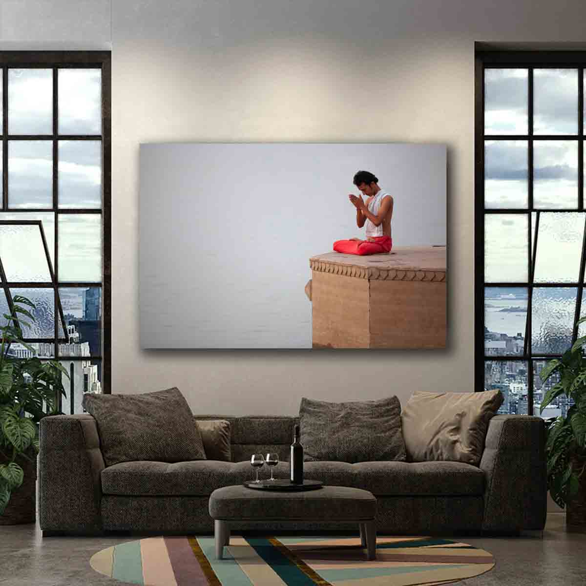 Varanasi ghat prayer photography wall art displayed in a calm, sacred-inspired interior.