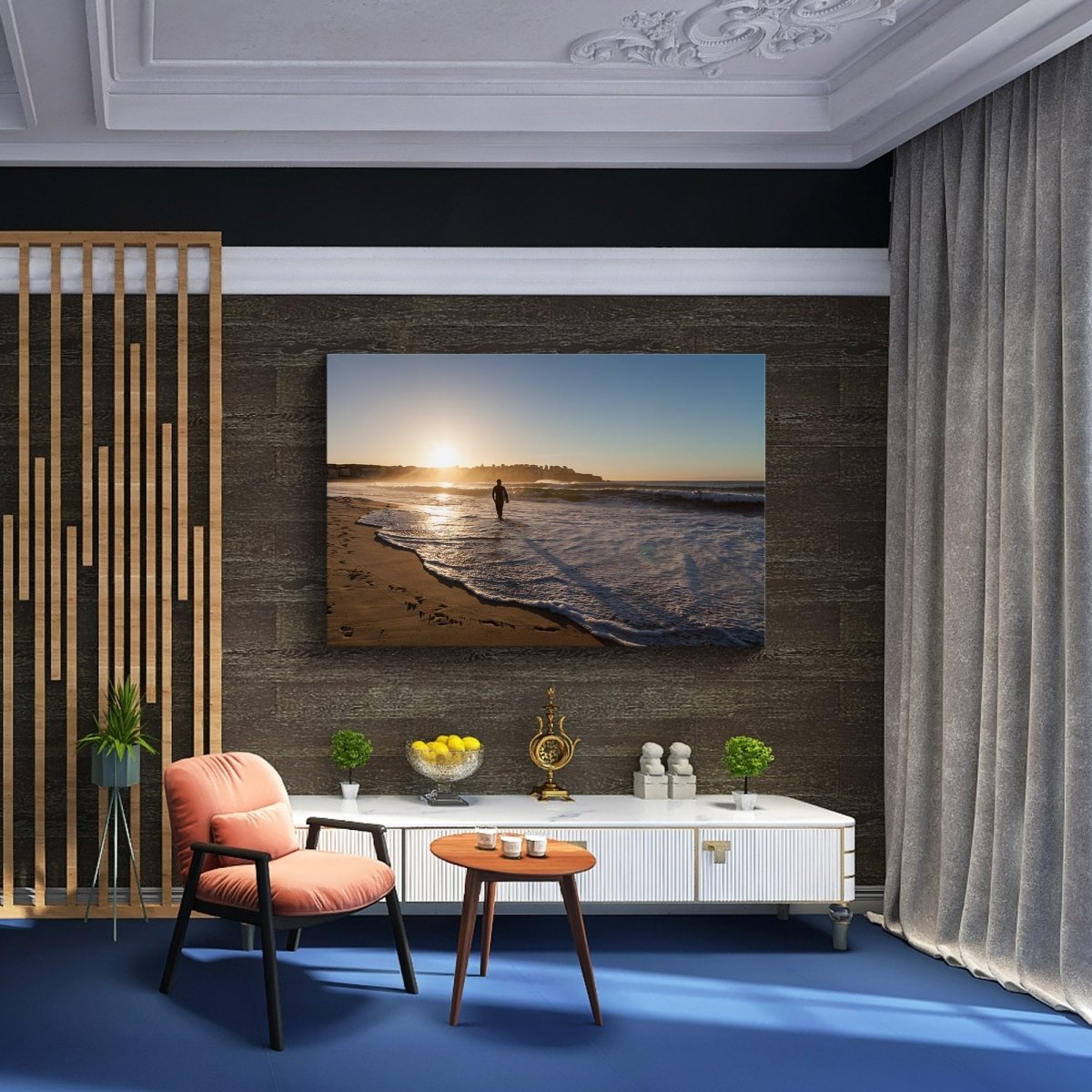 Fine art sunrise photography print of surfer at Bondi Beach, displayed in a calm, coastal-inspired modern interior.