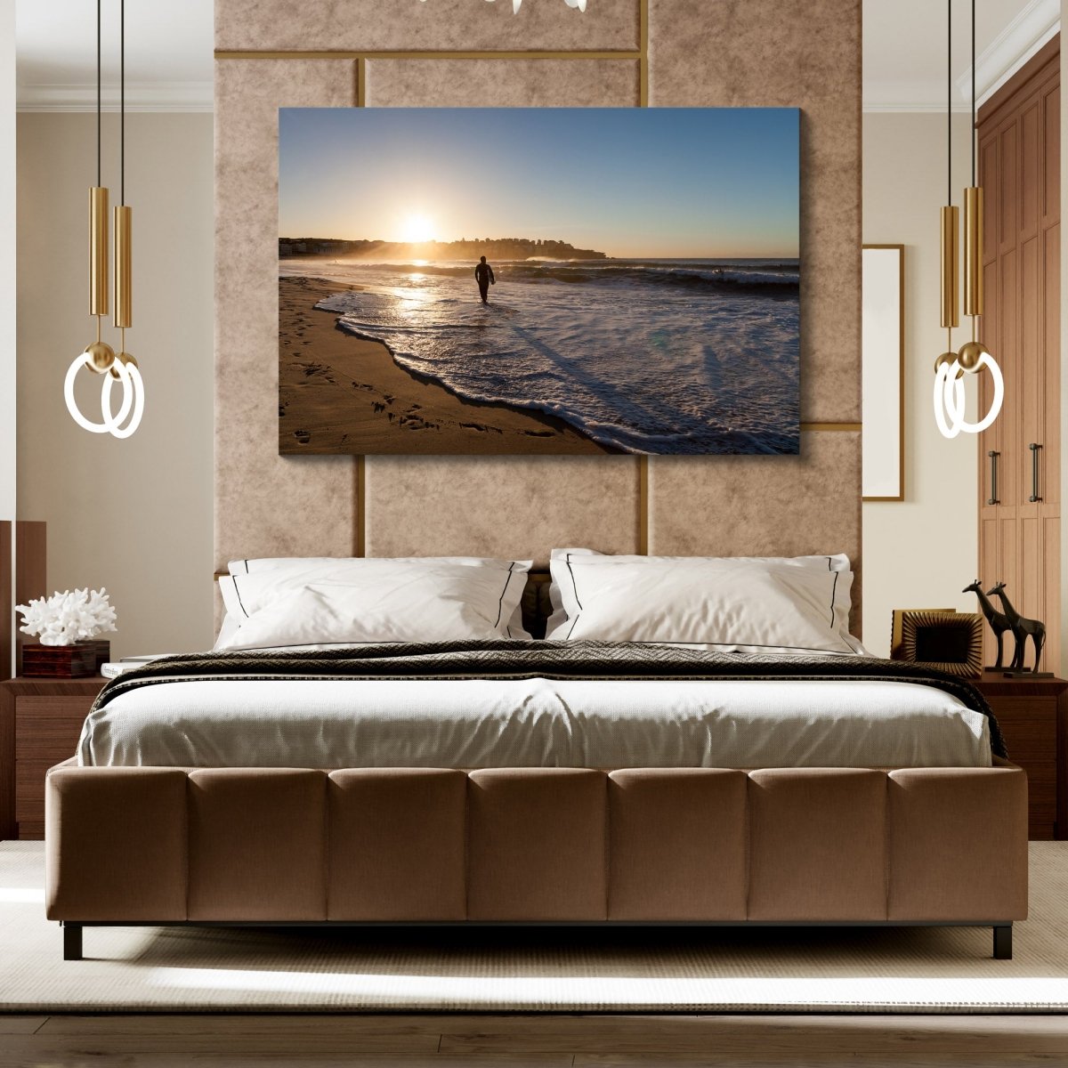Fine art sunrise photography print of surfer at Bondi Beach, displayed in a calm, coastal-inspired modern interior.
