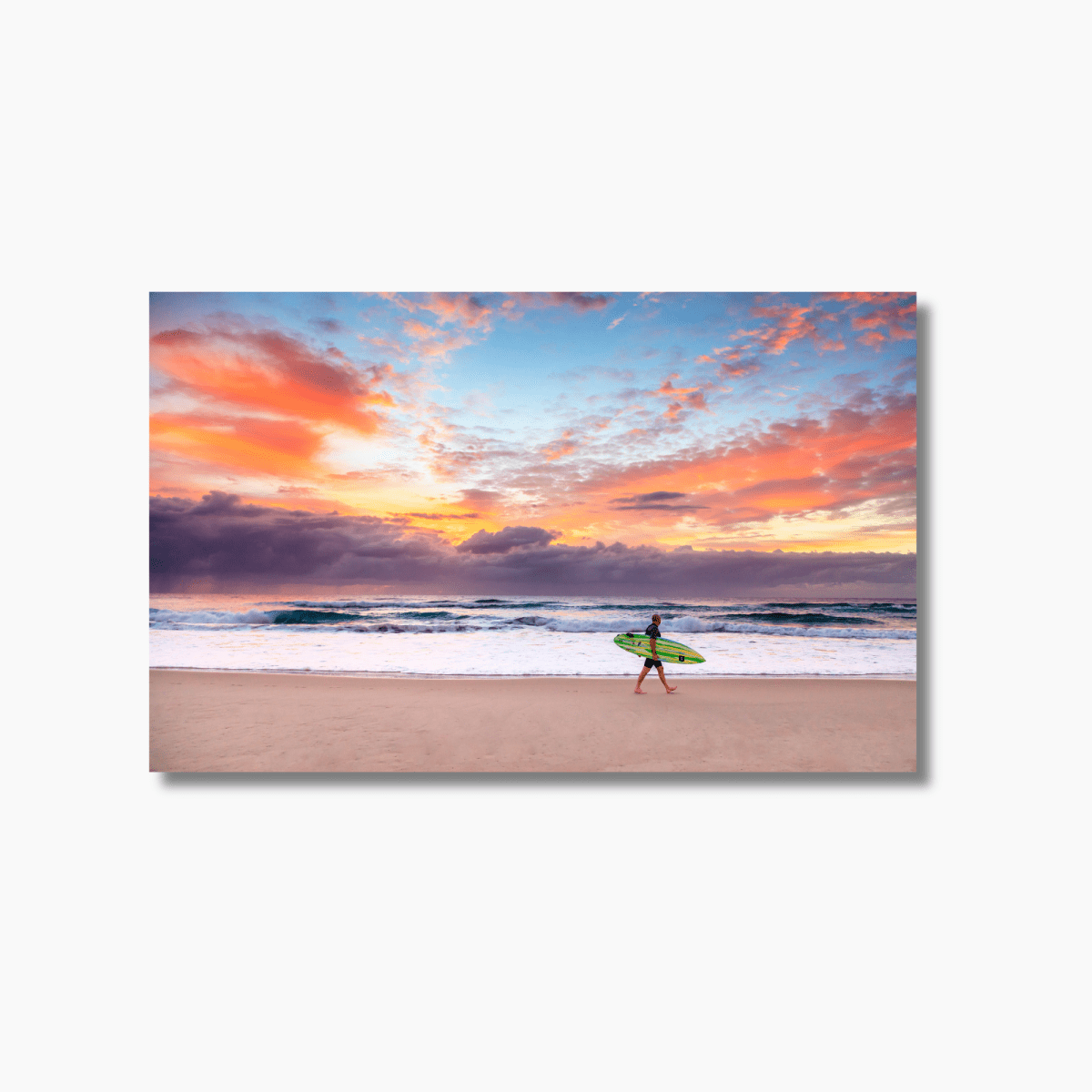 Surfer walking at sunrise on Surfers Paradise beach, Gold Coast, Australia — limited edition coastal photography wall print.