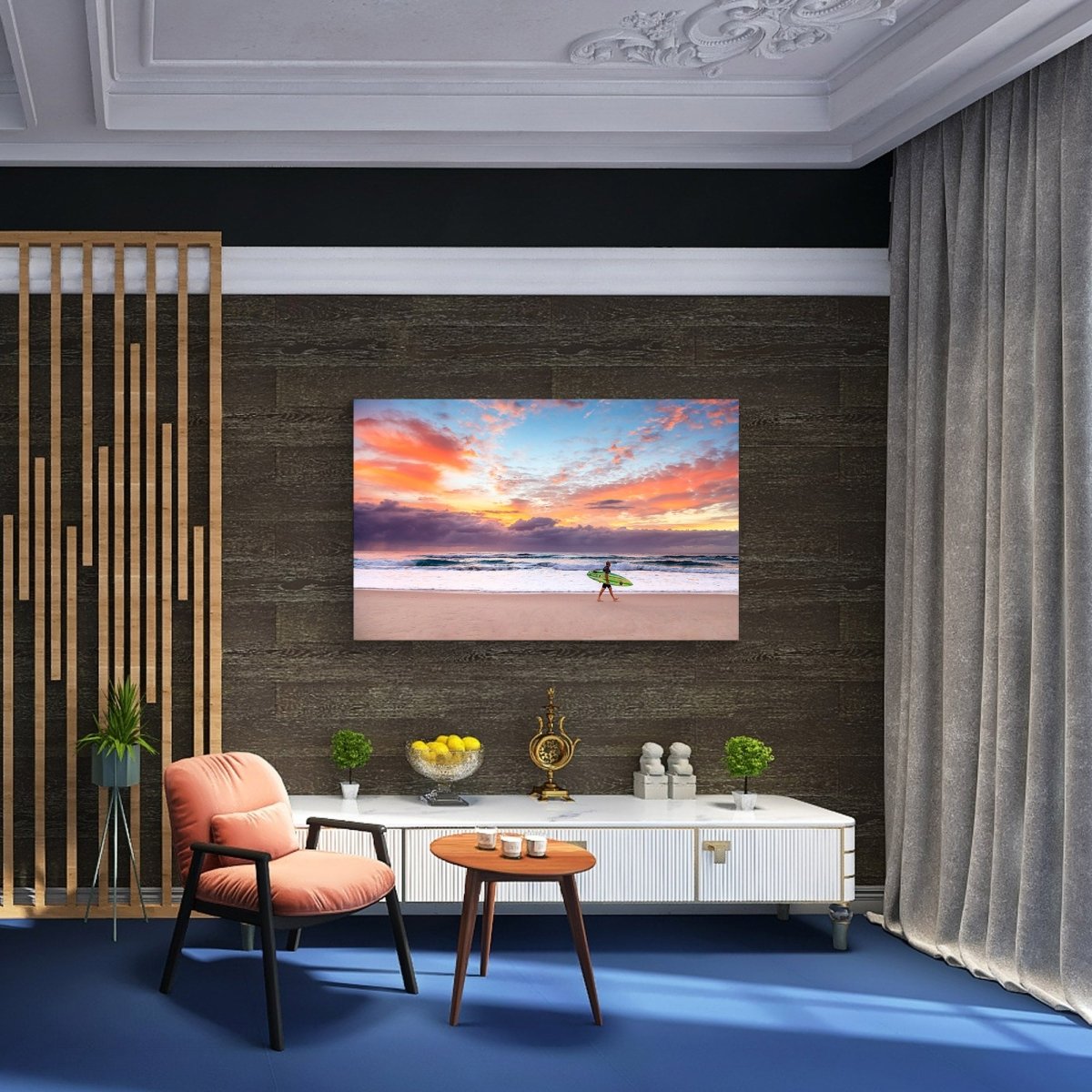 Fine art wall print of a surfer at sunrise on the Gold Coast, displayed in a serene coastal-inspired room.